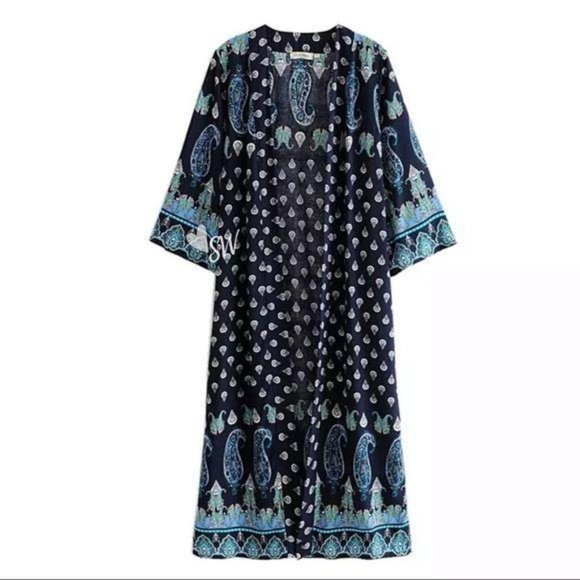 Luxe Boho Printed Gypsy Kimono Navy Blue Cardigan - Picture 3 of 10